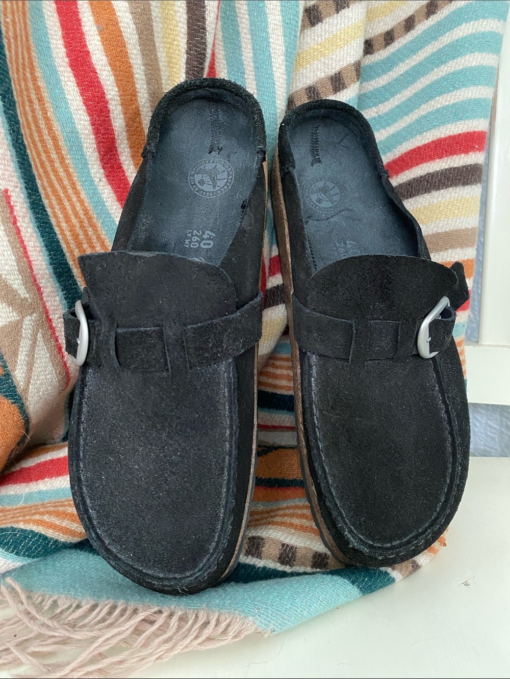Birkenstock Buckley Black Suede Slip-On Moccasin Loafers with Buckle Clogs